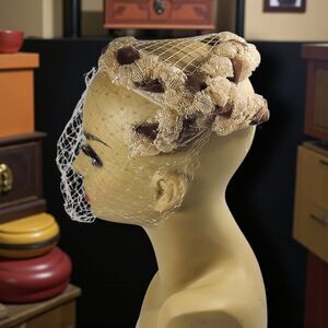 Vintage 1950s Cocktail Hat w/ Veil Brown Velvet & Net Fascinator Pinup Wedding